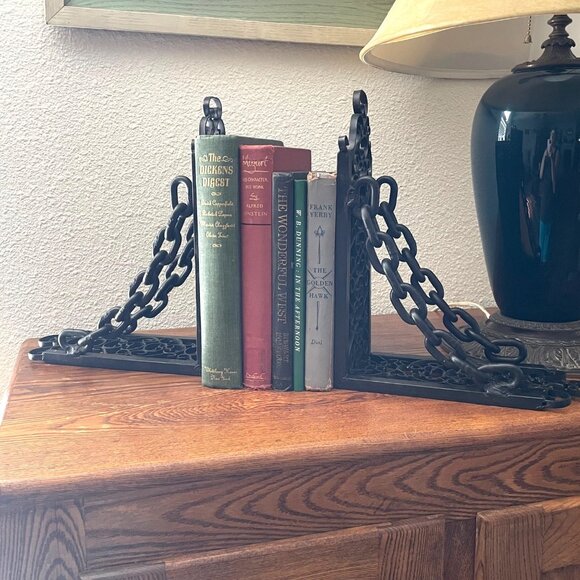 Vtg Victorian Unique Pair Steampunk Gothic Black Heavy Metal Chain Bookends Rare - Picture 1 of 7